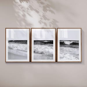Set of 3 ocean waves photography, black white beach wave nature print, modern sea coastal water poster, printable wall art digital download
