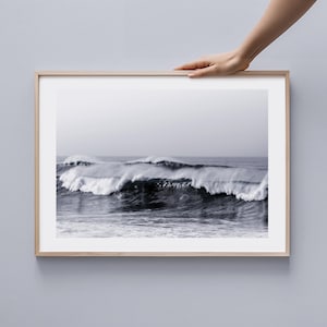 ocean waves photography, black white beach wave nature print, modern sea coastal water poster, large printable wall art digital download