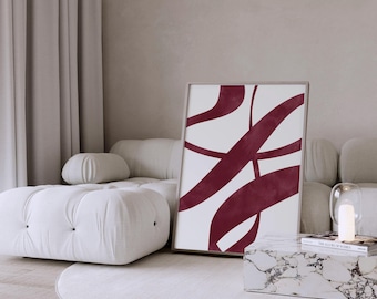 Abstrakte Digitale Wand Kunst - Burgund Rot Minimalist Wand Dekor | Moderne Skandinavische Linienmalerei | Druckbare Kunst - Digital Download