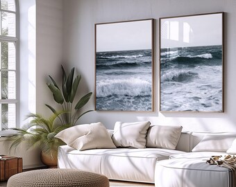 2er Set Meereswelle Druck, neutrale Strandwelle Naturfotografie, Meeresküstenwasser Poster, große druckbare Wandkunst digitaler Download