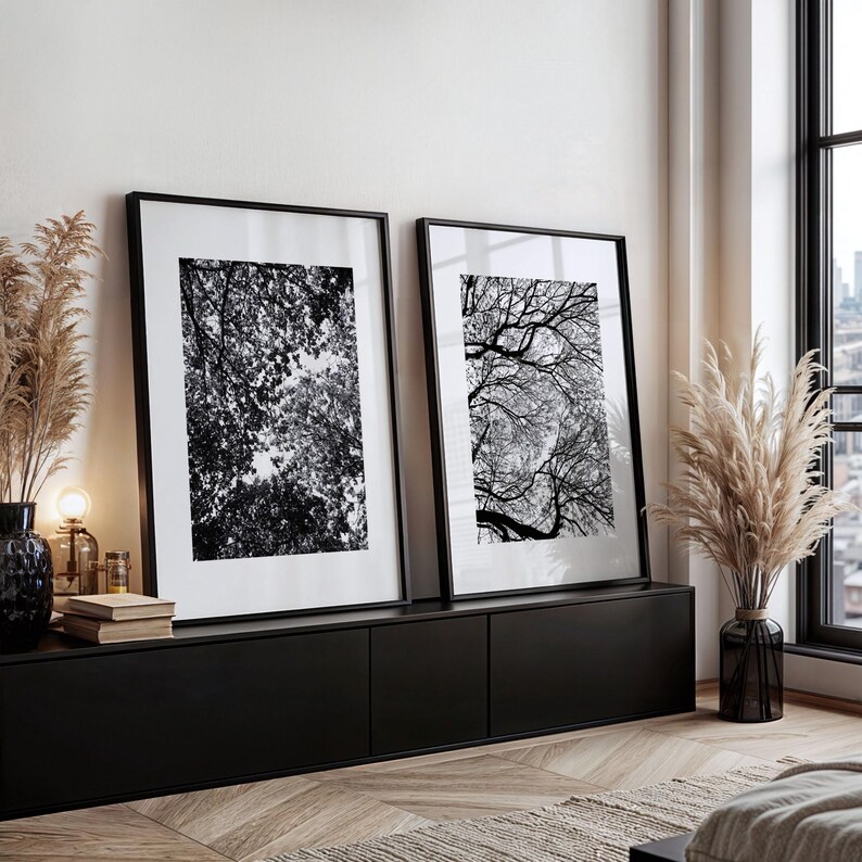 Pu&ograve; includere: Due stampe artistiche in bianco e nero incorniciate raffiguranti rami di alberi e fogliame. Le stampe sono esposte su un mobile nero, con vasi decorativi ed erba della pampa. La stanza ha un'estetica moderna e minimalista.