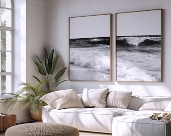 Schwarzweiße Ozean Wand Kunst Set zum selbst ausdrucken – Küsten Wand Dekor über dem Sofa – minimalistische Strand Fotografie (Digitaler Download)