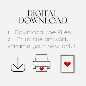 Pu&ograve; includere: Istruzioni per il download digitale con un'icona di download, un'icona della stampante con un cuore e un'opera d'arte incorniciata con un cuore rosso. Il testo recita: Scarica i file, Stampa l'opera d'arte, Incornicia la tua nuova arte!