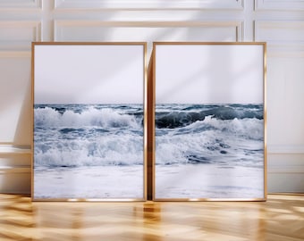 2er Set Meereswellen Fotografie, blaue Welle Strand Natur Foto, moderne Meeresküstenwasser Poster, druckbare Wandkunst digitaler Download
