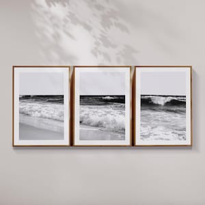 Conjunto de 3 fotografías de olas del océano, impresión de naturaleza de olas de playa en blanco y negro, póster moderno de agua costera marina, descarga digital de arte de pared imprimible