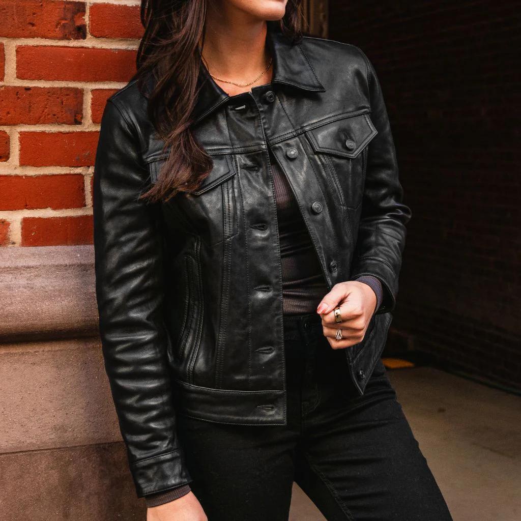 Women's Lambskin Leather Trucker Jacket: Handmade Black Biker