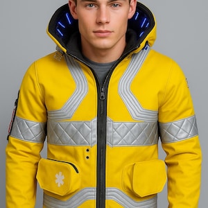 Könnte beinhalten: Eine leuchtend gelbe Jacke mit schwarzem Reißverschluss, silbernen Reflexakzenten und einer Kapuze mit blauen Lichtern. Die Jacke hat zwei Vordertaschen und ein medizinisches Symbol auf der linken Tasche.