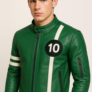 May include: Green leather jacket with a white stripe down the front and on the left sleeve. Features a black and white patch with the number 10. Includes a zip closure and two zip pockets.