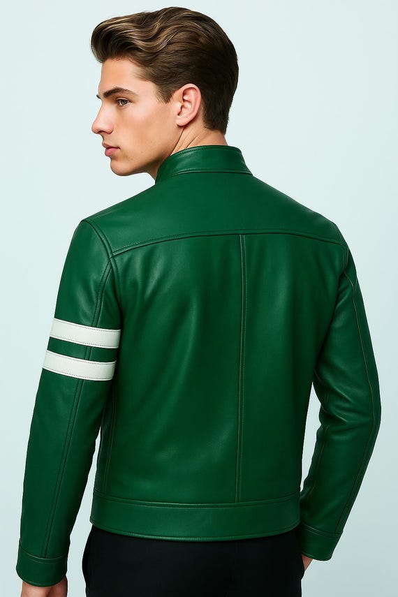 Ben 10 Green Leather Motorcycle Jacket: Genuine Sheepskin, Cosplay