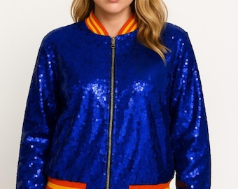 Blue Sequin Bomber Jacket: Sparkly Party Coat with Orange Trim