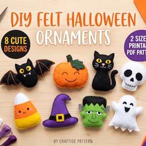May include: DIY felt Halloween ornaments featuring 8 cute designs and a printable PDF pattern. The set includes a black bat, orange pumpkin, black cat, white skull, candy corn, purple witch hat, green Frankenstein monster, and white ghost.
