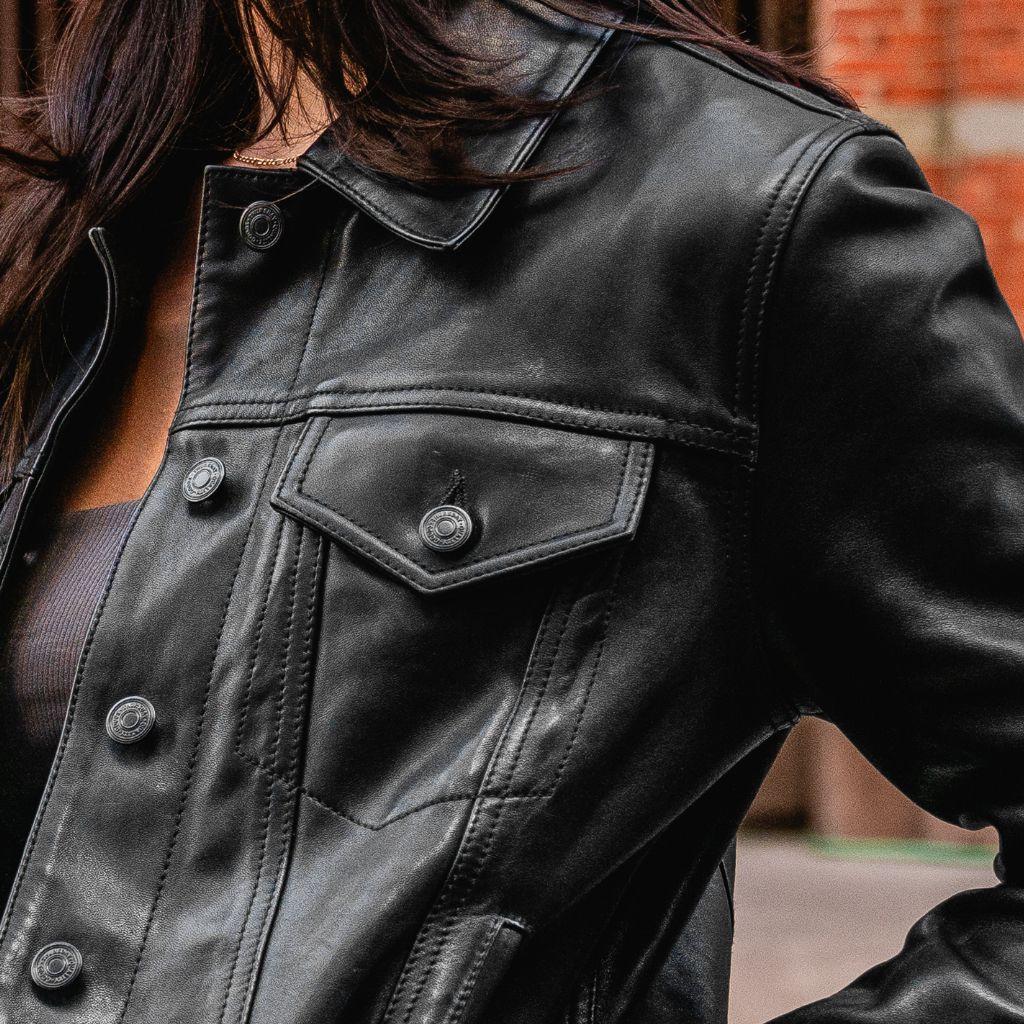Women's Lambskin Leather Trucker Jacket: Handmade Black Biker