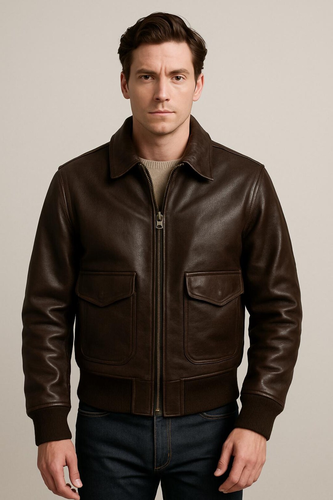 A2 ラムスキンレザーボンバージャケット：ブラウンモーターサイクル