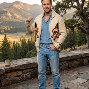 May include: A man wearing a cream cardigan with a brown fox design, a blue denim shirt, and blue jeans. He is standing outdoors on a stone patio with a mountain backdrop. A ceramic mug sits on a stone wall.