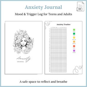Könnte beinhalten: Angst-Tagebuch mit einer floralen Illustration eines Frauengesichts auf dem Cover. Das Tagebuch enthält ein Stimmungs- und Trigger-Protokoll für Jugendliche und Erwachsene sowie einen Angst-Tracker. Der Text lautet: „Ein sicherer Ort zum Nachdenken und Atmen“.