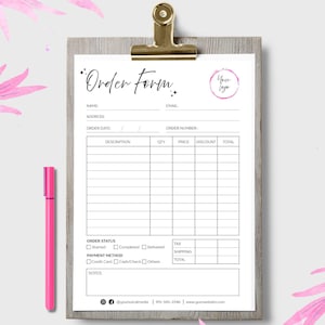May include: An order form on a wooden clipboard with a gold clip. The form has fields for name, address, and order details. A pink pen rests beside the clipboard. Pink floral elements decorate the background.