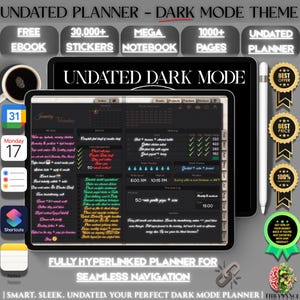 Undated Digital Planner Dark Mode | Hyperlinked GoodNotes Planner | Minimalist Tablet Planner for iPad | PDF Daily Weekly Monthly