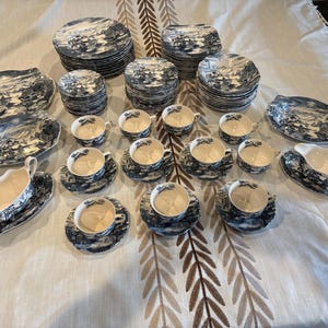 May include: A collection of blue and white porcelain tableware, including plates, saucers, cups, and serving dishes. The set features a landscape design. The arrangement is on a white tablecloth.