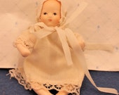 Miniature Baby Doll Porcelain Bisque Cloth Body Wearing Nightgown and Bonnet B