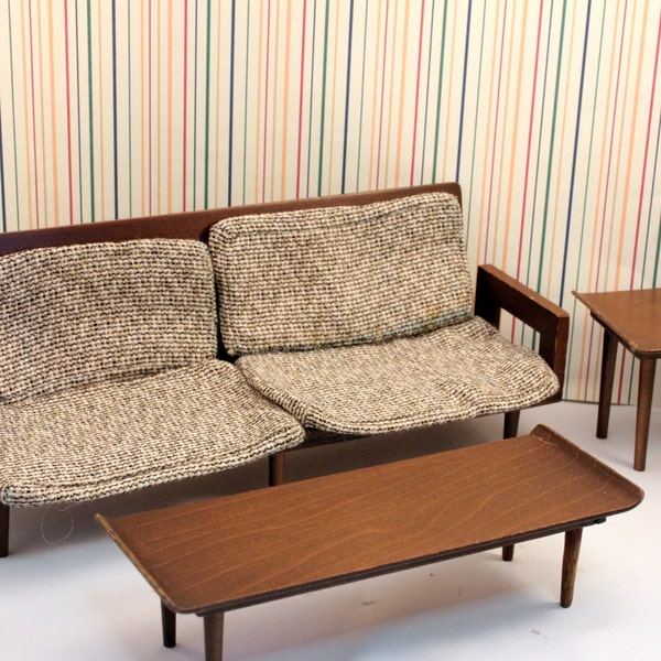 Midcentury Modern Mattel Doll Furniture 1958 Living Room Set Sofa End Table Coffee Table Chair Cushion