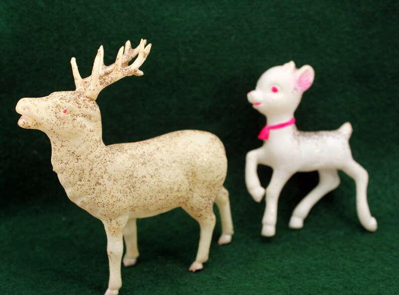 2 Celluloid Reindeer Deer Christmas Decorations White W Etsy