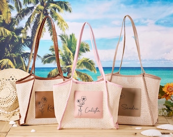 Borsa da spiaggia in paglia personalizzata, borsa tote con nome floreale, borsa a tracolla da spiaggia, borsa tote in rete, borsa regalo per addio al nubilato, bomboniera per viaggio di compleanno