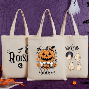 Personalized Halloween Tote Bags,Customized Canvas Tote Bag for Trick or Treat,Halloween Bags,Ghosts Tote,Spooky Tote Bag,Halloween Gift