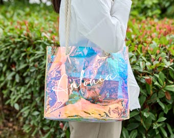 Custom Name Bridesmaid Totes,Clear Beach Tote Bag,Neon Color Transparent Tote,Bridesmaid Bachelorette Beach Party Gift,Bridesmaid Gift Bags