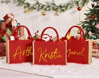 Sac cadeau de Noël en toile de jute rouge, Sac de Noël en toile de jute, Sacs cadeaux des Fêtes 2025 avec nom, Sac fourre-tout pour le réveillon de Noël, Sac du père Noël, Sac de fête de Noël