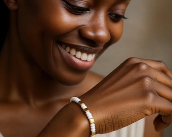 Witgouden ring met stretchband met kralen, minimaal stapelbaar ontwerp, elegante alledaagse sieraden, tijdloos cadeau voor haar