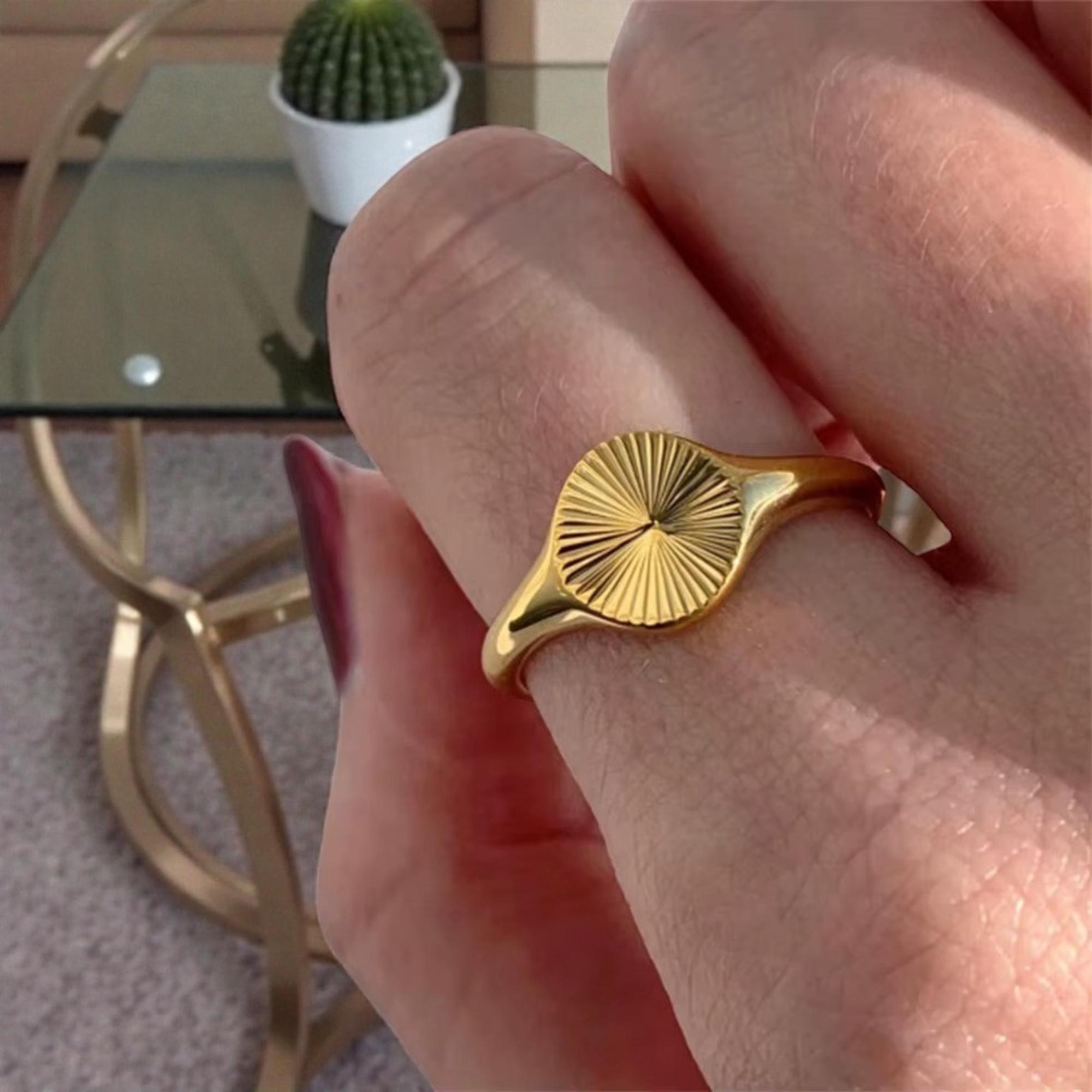 Gold Sunburst Signet Ring, Stainless Steel Statement Band, Modern Minimal Jewelry, Bold Everyday Style Gift