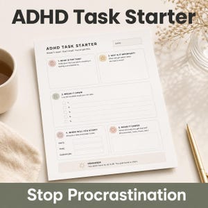 Puede incluir: Una hoja de trabajo blanca de "ADHD Task Starter" con indicaciones para desglosar tareas, establecer una hora de inicio e identificar qué lo hace más fácil. El texto "ADHD Task Starter" y "Stop Procrastination" son visibles.