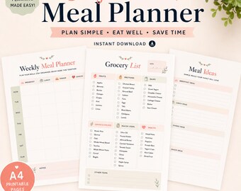 Paquete imprimible de planificador de comidas semanal, organizador de compras para TDAH, menú familiar, sistema de almuerzos para niños en formato PDF.