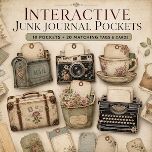 Könnte beinhalten: Ein Set mit interaktiven Junk-Journal-Taschen, bestehend aus 10 Taschen sowie 20 passenden Anhängern und Karten. Die Sammlung enthält Illustrationen von einem Briefkasten, einer Kamera, einer Teetasse, einem Koffer, einem Blumentopf und einer Schreibmaschine.