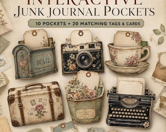 Bolsillos interactivos, kit de diario de estilo vintage con etiquetas y tarjetas imprimibles.