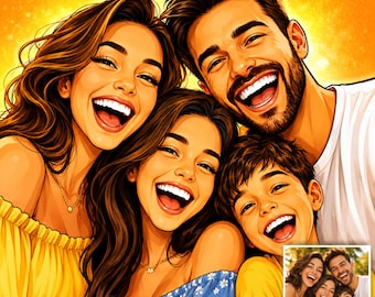 Retrato caricaturesco familiar a partir de una foto, descarga digital de dibujos animados personalizados.