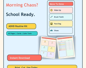 Kit de rutina matutina, horario visual para TDAH de 60 páginas en formato PDF imprimible