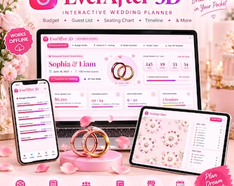 Aplicación web de organización de bodas 3D rosa: presupuesto interactivo, lista de invitados y plano de mesas