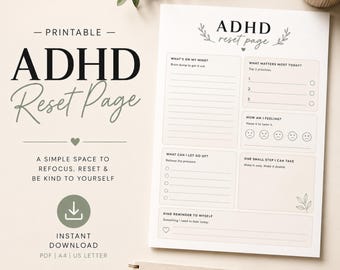 Página de reinicio para TDAH imprimible, planificador diario en PDF, hoja de trabajo de concentración y productividad