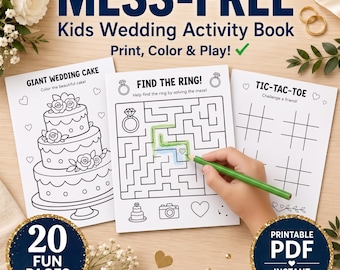 Libro de actividades para niños sobre bodas, sin ensuciar, con páginas para colorear y laberintos (descarga digital).