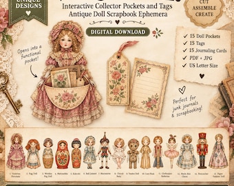 Kit de muñecas vintage, bolsillos y etiquetas para coleccionistas interactivos, efímeros de álbum de recortes de muñecas antiguas, descarga
