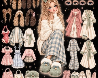 Kit de muñeca de papel para vestir, armario de muñeca de moda, pegatinas GoodNotes, descarga digital, muñeca de armario de ensueño