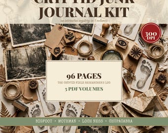 Kit imprimible de diario de criaturas críptidas, notas de campo sobre Bigfoot y Mothman, material efímero, descarga misteriosa de 96 páginas