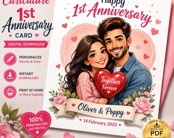 Tarjeta de primer aniversario, caricatura personalizada de pareja con nombres y fecha / Descarga digital