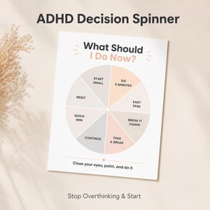 Beslissingswiel voor ADHD, printbaar, A4 PDF-hulpmiddel om je te concentreren op het starten van taken