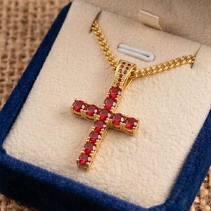 Round Cut Red Ruby Cross Pendant, 14K Solid Yellow Gold, Christian Jewelry