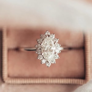 1.5 Ct Marquise Cut Lab Grown Engagement Ring, Sunburst Halo Wedding Ring,14K Solid Rose Gold Anniversary Ring,Bridal Proposal Ring For Her.