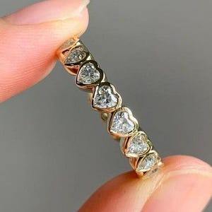 Heart Shape Diamond Wedding Band,Full Eternity Bezel Set Anniversary Ring,18K Solid Yellow Gold Engagement Ring,Unique Proposal Ring For Her