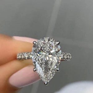 3.0 Ct Pear Cut Lab Grown Engagement Ring, Hidden Halo Wedding Ring, Pave Setting Anniversary Ring, 18K White Gold 3 Side Round Diamond Ring