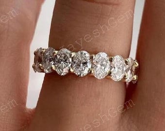 Oval Cut Lab Grown Diamond Wedding Band, 14K Yellow Gold Half Eternity Ring